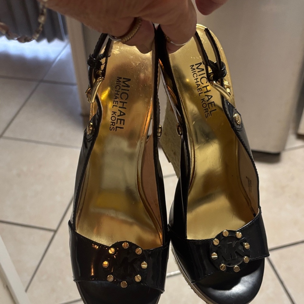 Michael Kors Black and Gold Wedge Sandals